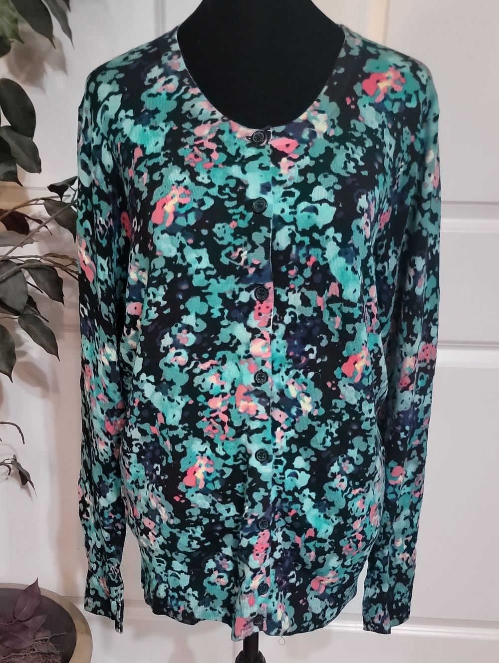 (#27) Merona Black Cardigan with Teal and Pink Abstract Floral Print